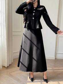 DAZY 2件套时尚女式短款荷叶边下摆长裙套装 - 黑色 - 查看 6