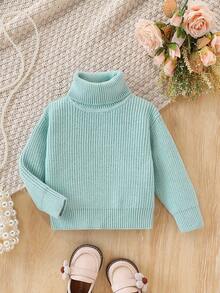 SHEIN Vintaside Kids 女嬰秋季針織高領毛衣，淺綠色保守純色套頭衫，家庭套裝冬季時尚針織衫，適合幼兒女嬰 - 藍色 - 查看 4