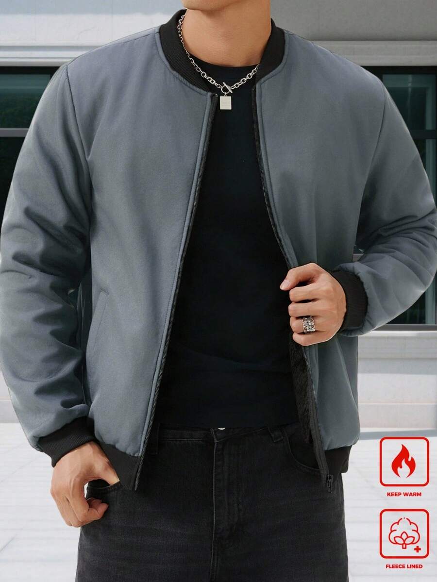 Manfinity Homme 男士休闲保暖长袖拉链外套，秋冬款 - 淺灰色 - 查看 1