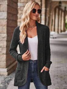 EMERY ROSE Women's Casual Ribbed Brushed Open Front Side Pocket Shorts Thin Jacket - Black - View 4