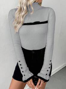 RosyDaze Women's Turtleneck Ruffle Button Design Long Sleeve Knit Pullover Sweater With Bow, Tight Fit Thermal Lining Winter Tops Women Gray Top Women Long Sleeve Tops Tops Cute Cute Long Sleeve Tops