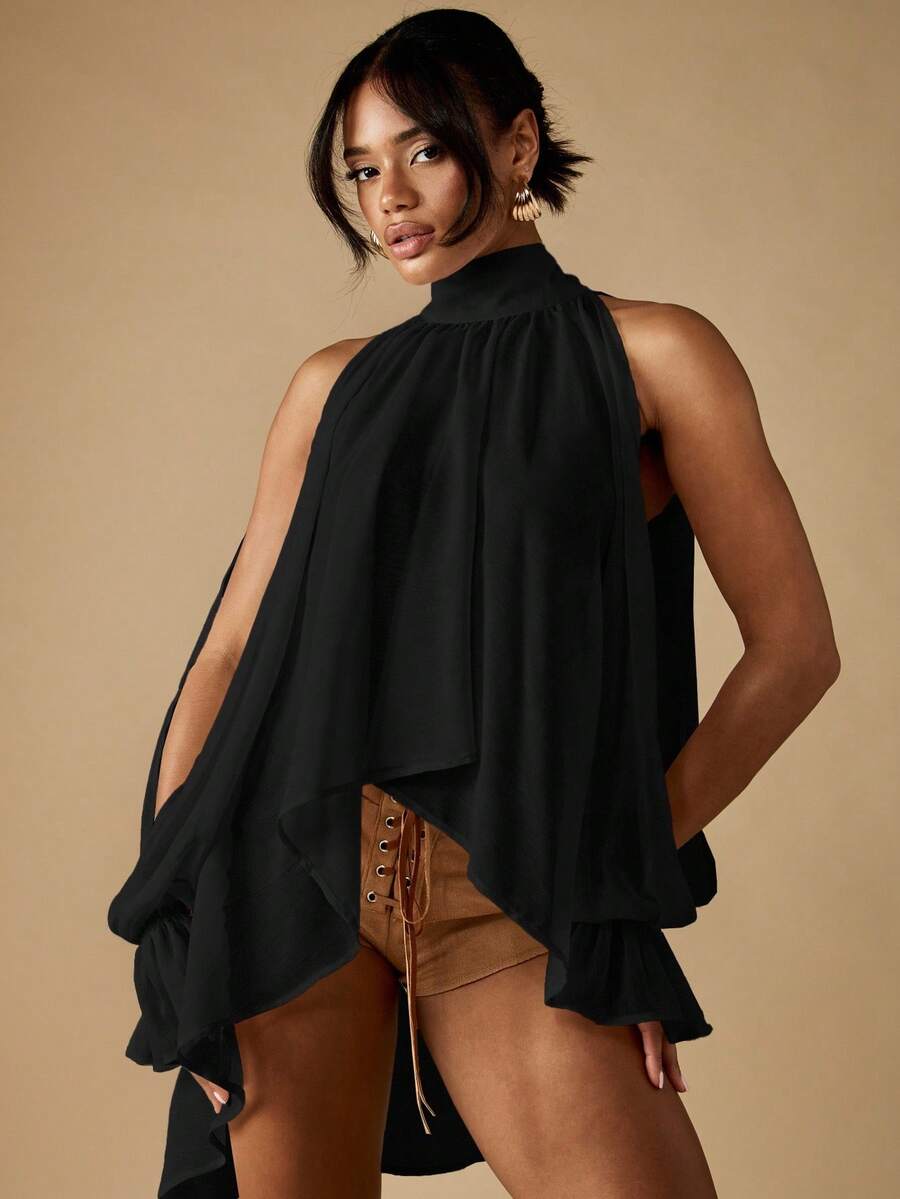 MISSGUIDED 优雅立领无袖衬衫，背部蝴蝶结细节，泡泡袖长款垂坠飘逸设计，适合晚会和节日场合 - 黑色 - 查看 1