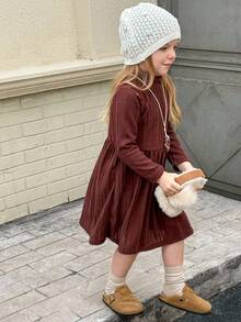 SHEIN Playful Pals Young Girl' Casual Versatile Ribbed Fabric High Neck Elastic Waist Flared Long Sleeve Dress, Autumn/Winter Fall - Brown - View 8