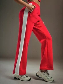 Powerista Women's Casual Sports Contrast Color Thermal Lined Zipper Pocket Pants - Red and White - View 4