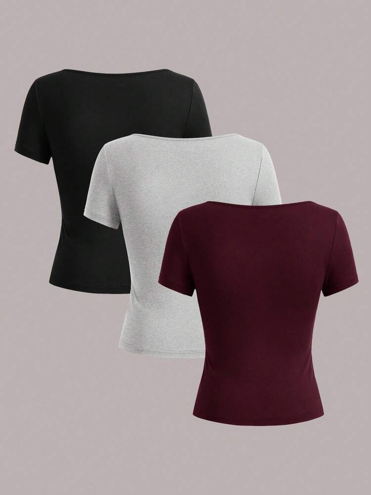 SHEIN EZwear 3pcs Women's Short Sleeve Cropped Casual Fitted T-Shirts, Suitable For Summer,Red Top - Multicolor - View 2