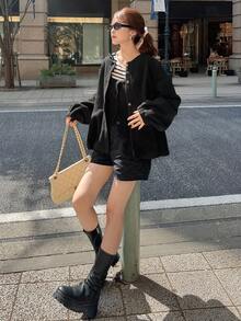 FRIFUL Women's Round Neck Metal Button Decor Ruffle Hem Patchwork Regular Jacket Women Coats - Black - View 3