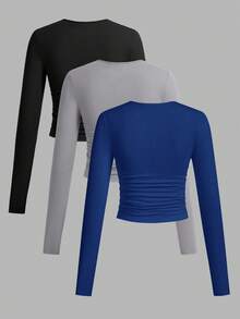 SHEIN EZwear Bộ 3 áo thun nữ tay dài cổ tròn màu trơn đơn giản, họa tiết nhún bèo, thời trang thu đông - Nhiều màu - Xem 2
