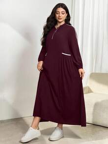 Modelyn 秋冬新款立领长袖收腰修身连衣裙 - 酒紅色 - 查看 4