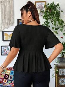 Vibekara Plus Size V-Neck Ruffle Sleeve Short Sleeve Women Solid Color Criss-Cross Wrap Casual Hem T-Shirt - Black - View 2