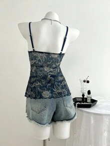 Elamini 复古粉色腰果花撞色蕾丝吊带背心，适合春夏季度假 - 藏蓝色 - 查看 2