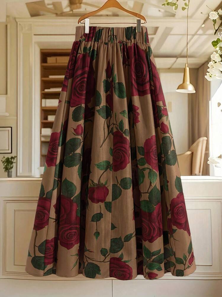 GlowEve Saia Evasê Floral Cinza-Marrom Elegante e Casual Feminina - Multicolorido - Visão 2