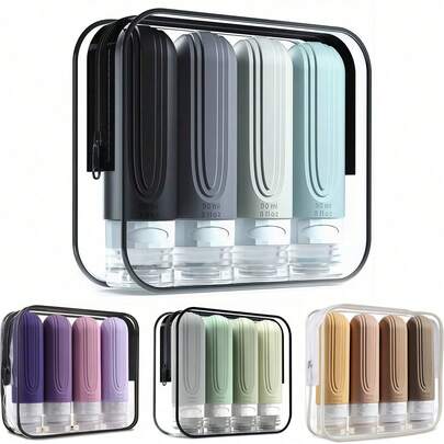 4件套旅行必需品化妆品分装旅行套装乳液洗发水沐浴露软管瓶马卡龙翻盖挤压瓶旅行套装便携式分装套装空瓶乳液洗发水软管家居浴室装饰秋季装饰返校