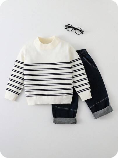SHEIN Young Boys Striped Colorblock Stand Collar Sweater, Soft & Comfortable Knit Pullover For Casual Outdoor, Holiday, Daily Wear, Travel, Vacation, Home, Daycare, Playtime, Back To School Fall Winter