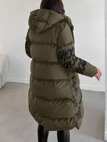 EURMUSE Women's Letter Pattern Buttoned Hooded Padded Coat Jacket - Khaki - View 2