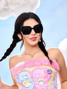 SHEIN X Care Bears Fashionable Gold Foil Cartoon Pattern Black Oversized Frame Women's Fashion Glasses, Suitable For Vacation, Travel, And Photography, Comes With Storage Pouch - Black - View 4