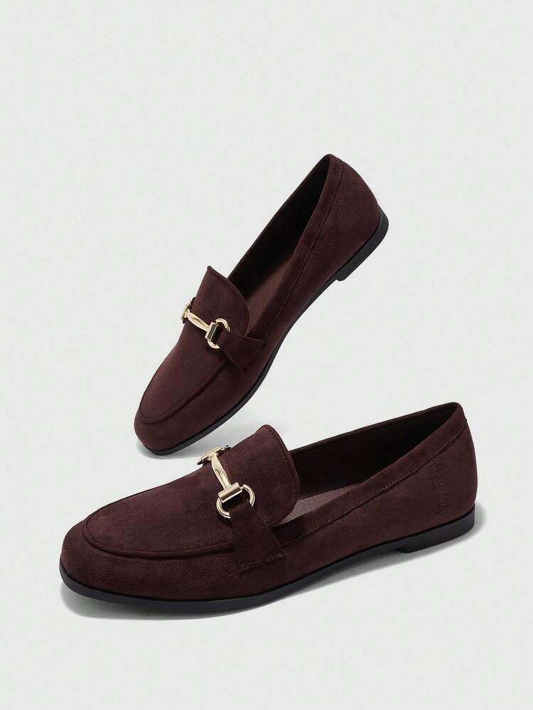 CUCCOO BIZCHIC Women's Brown Suede Slip-On Loafers With Gold Buckle, Comfortable For Christmas - Brown - View 9