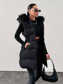 EURMUSE Padded Vest With Furry Hood And Adjustable Waist, Two Side Pockets, Thick And Fashionable Puffer Jacket, Quilting Details - Black - View 3