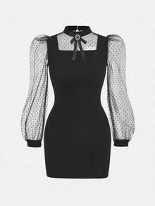 Pitira Tween Girls Black Polka Dot Mesh Puff Sleeve Party Dress - Black - View 3