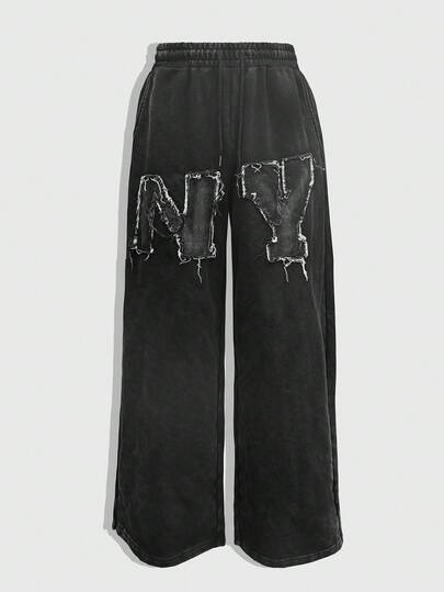 Street Life Pantaloni della tuta casual da uomo, stile di strada, con bordi grezzi, motivo a lettere, vita con coulisse, lavati, ampi e morbidi