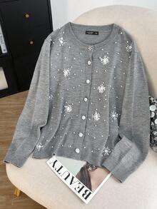 Modelyn Áo khoác cardigan thời trang thanh lịch cỡ lớn với họa tiết hoa đính hạt 3D, Thu/Đông - Xám - Xem 1