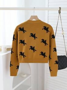 Áo len cardigan dài tay họa tiết ngựa kaki dành cho bé gái tuổi teen, phù hợp cho mùa xuân, mùa thu và mùa đông - Màu Khaki - Xem 2