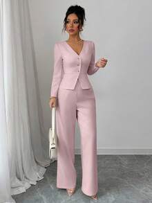 Elenzga 女士优雅长袖西装外套和裤子套装，商务/通勤风格，适合夏季、独立日、毕业典礼、返校 - 粉色 - 查看 3