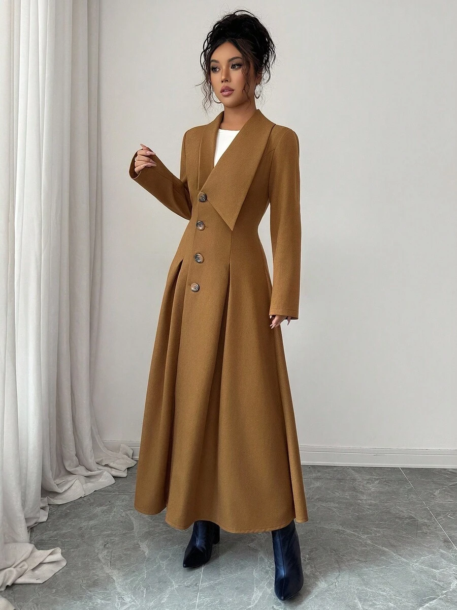 Elenzga Áo khoác blazer dài cổ bẻ, viền loe bất đối xứng dành cho nữ, thích hợp cho các buổi đi chơi mùa thu/đông, hẹn hò, đi làm, công sở, phong cách Pháp thanh lịch - màu nâu - Xem 1