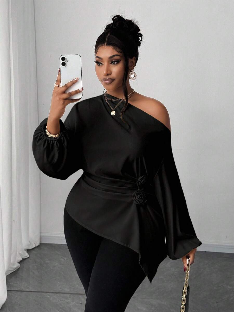 Maweii 大码纯色优雅褶饰玫瑰肩休闲通勤衬衫 - 黑色 - 查看 1