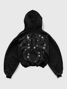 ROMWE MEN Street Life Men's Rhinestone Embellished Hooded Casual Zip-Up Spider Web Sweatshirt, Fall - Black - View 3