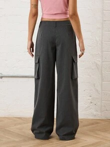 COUREZ 低腰修身工装裤，细条纹/Y2K风格，适合秋季和冬季外出穿着，哥特式夜店装扮，性感女装 - 灰色 - 查看 3