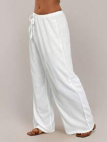 SHEIN Forever 21 Women's Solid Color Drawstring Waist Wide Leg Loose Casual Pants - White - View 5