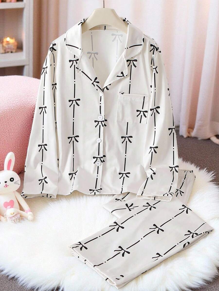 青少年女孩睡衣套装，牛奶丝开衫和短裤，阻燃，适合家居服或外套，杏色配黑色蝴蝶结，2 件 - 杏色 - 查看 1