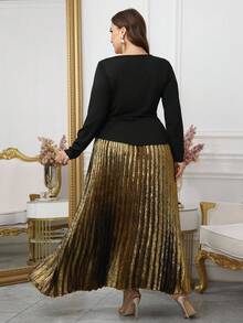 Modelyn تنورة مزينة بالترتر الذهبي مع ملابس علوية سوداء، طقم فاخر وأنيق بطراز الحفلات الراقية والرومانسية، موديل مخصص للمقاسات الكبيرة، قطعتان - الأسود - مشاهدة 2