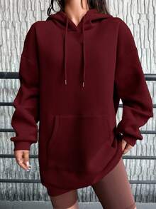 EURMUSE Sudadera con capucha térmica de algodón con bolsillo, hombros caídos y cordón ajustable - Burdeos - Ver 4