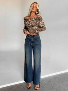 Aloruh 休闲性感优雅浅棕色豹纹不对称露肩长袖修身女式 T 恤，百搭复古性感风格，适合秋冬季、派对 - 彩色 - 查看 3