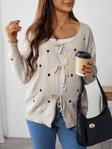 SHEIN Pregnant Women's Embroidered Polka Dot Pattern Knotted Casual Long Sleeve Cardigan Sweater - Apricot - View 4