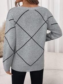 Editum Women's V-Neck Long Sleeve Loose Gray/Black Bow Elegant Everyday Pullover Sweater, Autumn/Winter,Fall Spring Summer Elegant - Grey - View 2
