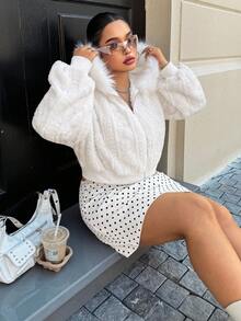 SHEIN EZwear Jachetă de toamnă și iarnă pentru femei, plus mărime, cu glugă, tricotată, caldă, cu fermoar, casual - alb - Vizualizare 3