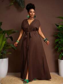 Veslaya Plus Size Solid Color Front Button Belted Short Sleeve Dress - Brown - View 13