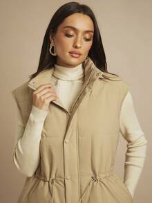 Silquee Abrigo casual acolchado de unicolor con cuello alto y sin mangas, con cordón en la cintura, para invierno - Caqui - Ver 9