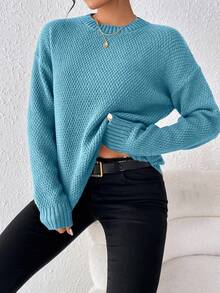 EMERY ROSE Casual Solid Color Arched Hem Sweater, Autumn/Winter - Teal Blue - View 3