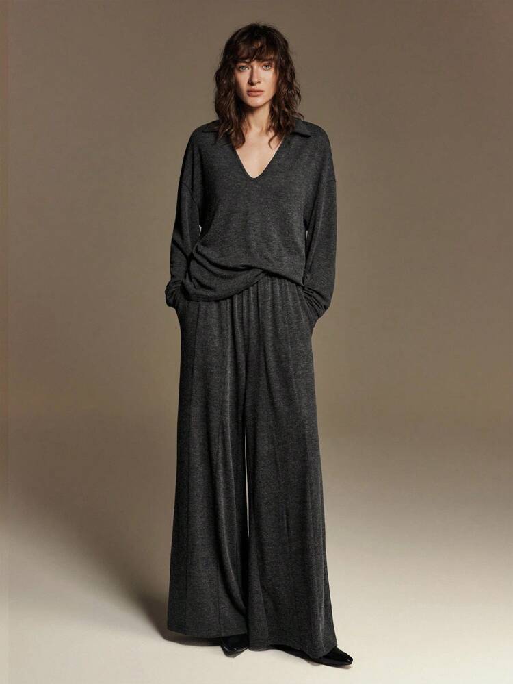 Charcoal Gray Autumn Basic Lounge Women's 2-Piece Set,Comfortable Knit Fabric U-Neck Loose Fit Business Casual Daily Wear,Korean Style Elegant 2026SS