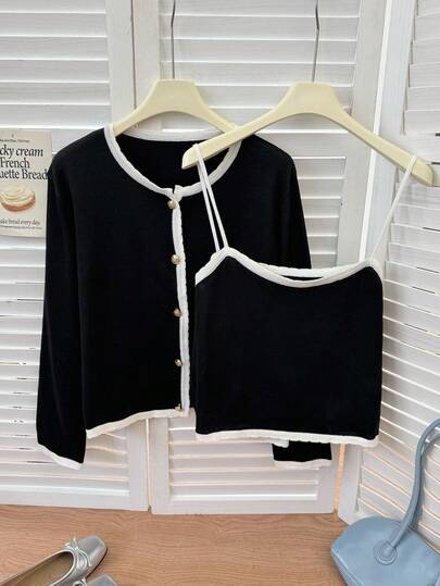 SHEIN EZwear 大码女式时尚休闲装饰边毛衣吊带背心和开衫套装秋冬女装