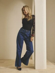 Aralina Winter / Fall Dark Wash Mid Rise Straight Leg Denim Split Hem Jeans Spring Winter Clothes Women Jeans Country Style Chic Pants For Women - Dark Wash - View 4