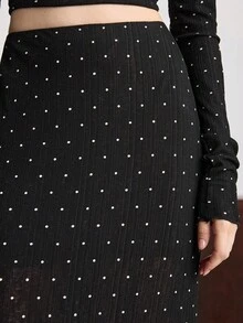 Ontre 2025 休闲时尚，黑色，修身直筒廓形，波尔卡圆点，女式半身裙，网眼面料，修身，商务休闲，办公室通勤，日常穿着，秋冬 - 黑色 - 查看 7