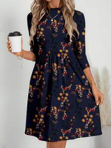 EMERY ROSE Women's Casual Commuter Floral Print Dress Blue - Blue - View 5