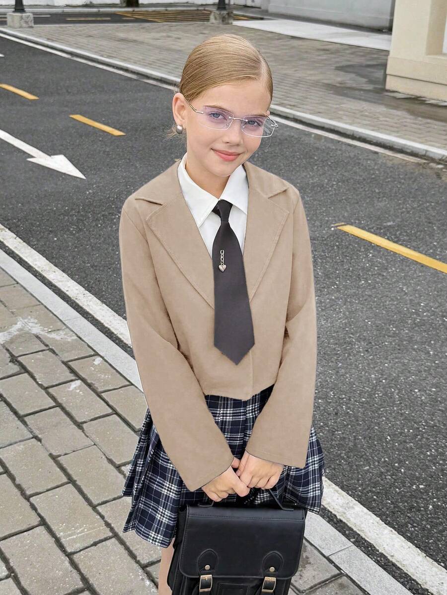 SHEIN 青少年女孩休闲纯色短款夹克 - 卡其色 - 查看 1