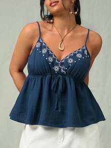 Freevana Plus Size Tank Tops & Camis Autumn Winter Clothes Chic Blouses For Women Chic Casual Christmas Going Out Old Money Style Women  Country Concert Outfit  Cute Basic Embroidery