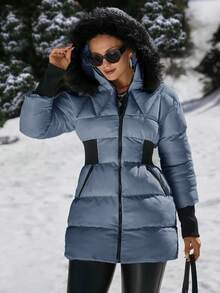EURMUSE Padded Coat With Furry Hood And Adjustable Waist, Two Side Pockets, Thick And Fashionable Puffer Jacket, Quilting Details - Blue - View 5