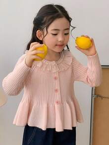 Dazy Kids Young Girl Casual Solid Color Ruffle Trim Cardigan - Pink - View 2
